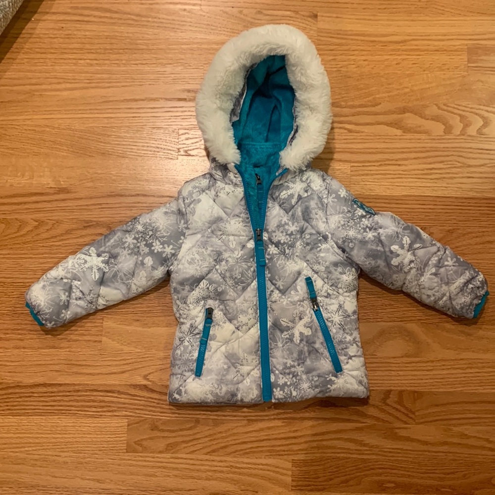 Snozu toddler puffer jacket, size 3T. Fur-trim hood. Teal, gray and white.